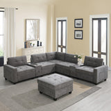 Merax 104 * 104" Chenille Sectional Couches with 2 Acrylic Consoles, Upholstered Modular Tufted Sofa Chaise with Ottoman, Storage Drawers, Pockets, USB Charger & Cup Holders for Living Room Apartment Merax