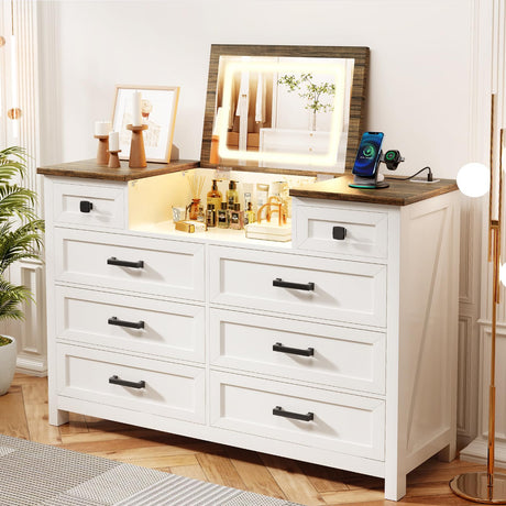 BROTTAR Dresser with Mirror for Bedroom, Chest of Drawers with LED Mirror, 8 Drawer Dresser with Charging Station, White Kids Dressers, Farmhouse Makeup Vanity with Storage for Bedroom BROTTAR