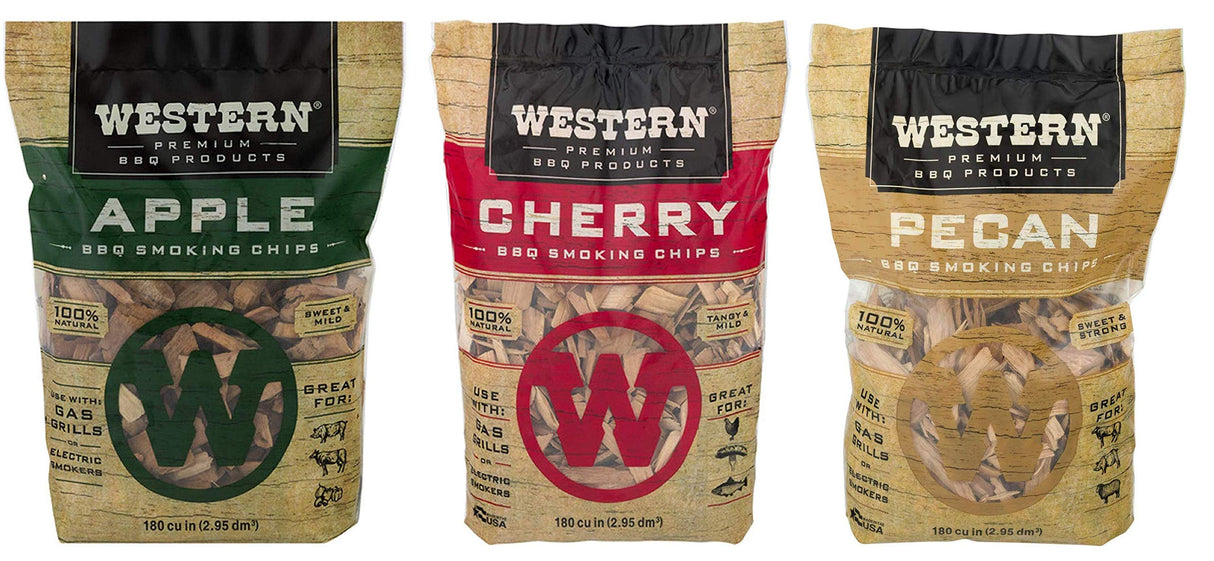Ultimate Western BBQ Smoking Wood Chips Variety Pack Bundle (3)- Apple, Pecan, and Cherry Flavors Western BBQ Prodcuts