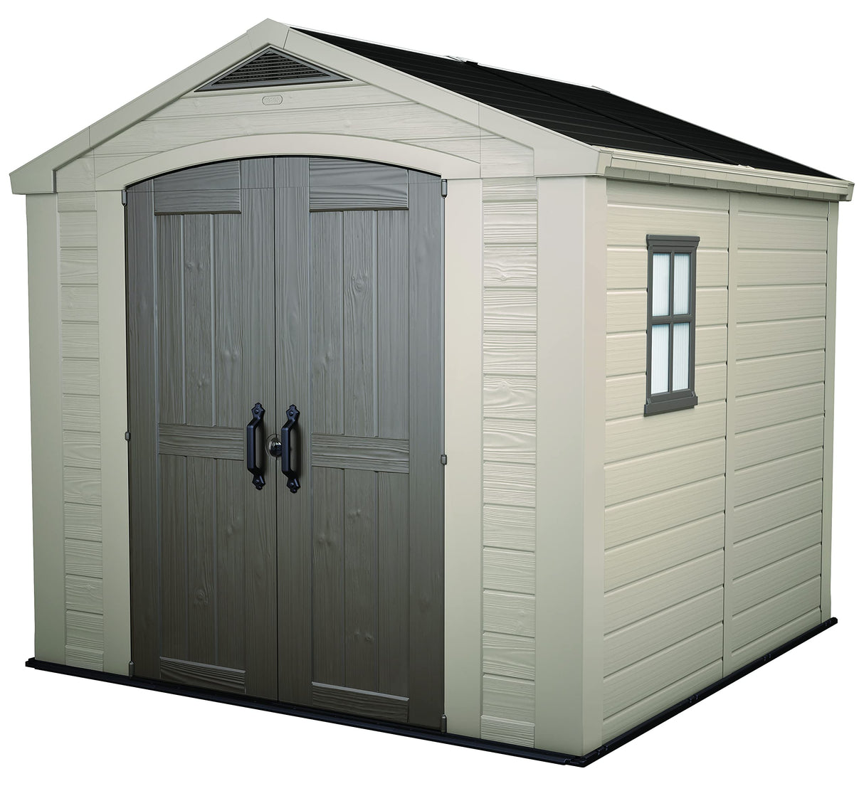 Keter Factor 8x8 Foot Large Resin Outdoor Shed with Floor for Patio Furniture, Lawn Mower, and Bike Storage, Taupe & Brown Keter