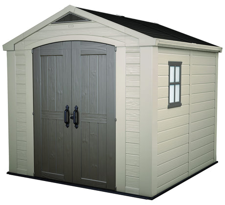 Keter Factor 8x8 Foot Large Resin Outdoor Shed with Floor for Patio Furniture, Lawn Mower, and Bike Storage, Taupe & Brown Keter