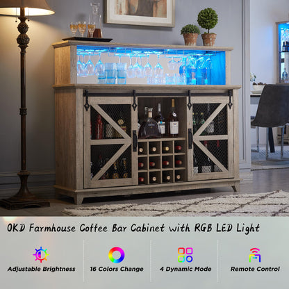 OKD Farmhouse Coffee Bar Cabinet with LED Lights, 55" Sideboard Buffet Table w/Sliding Barn Door & Wine and Glass Rack, Home Liquor Bar w/Storage Shelves for Dining Room,Light Rustic Oak