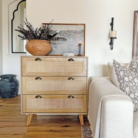 PHI VILLA Rattan Dresser - Rattan Nightstand Boho Cabinet Small Dresser 3 Drawer Dresser/Side Table/Bedside Table, Rattan Cabinet PHI VILLA