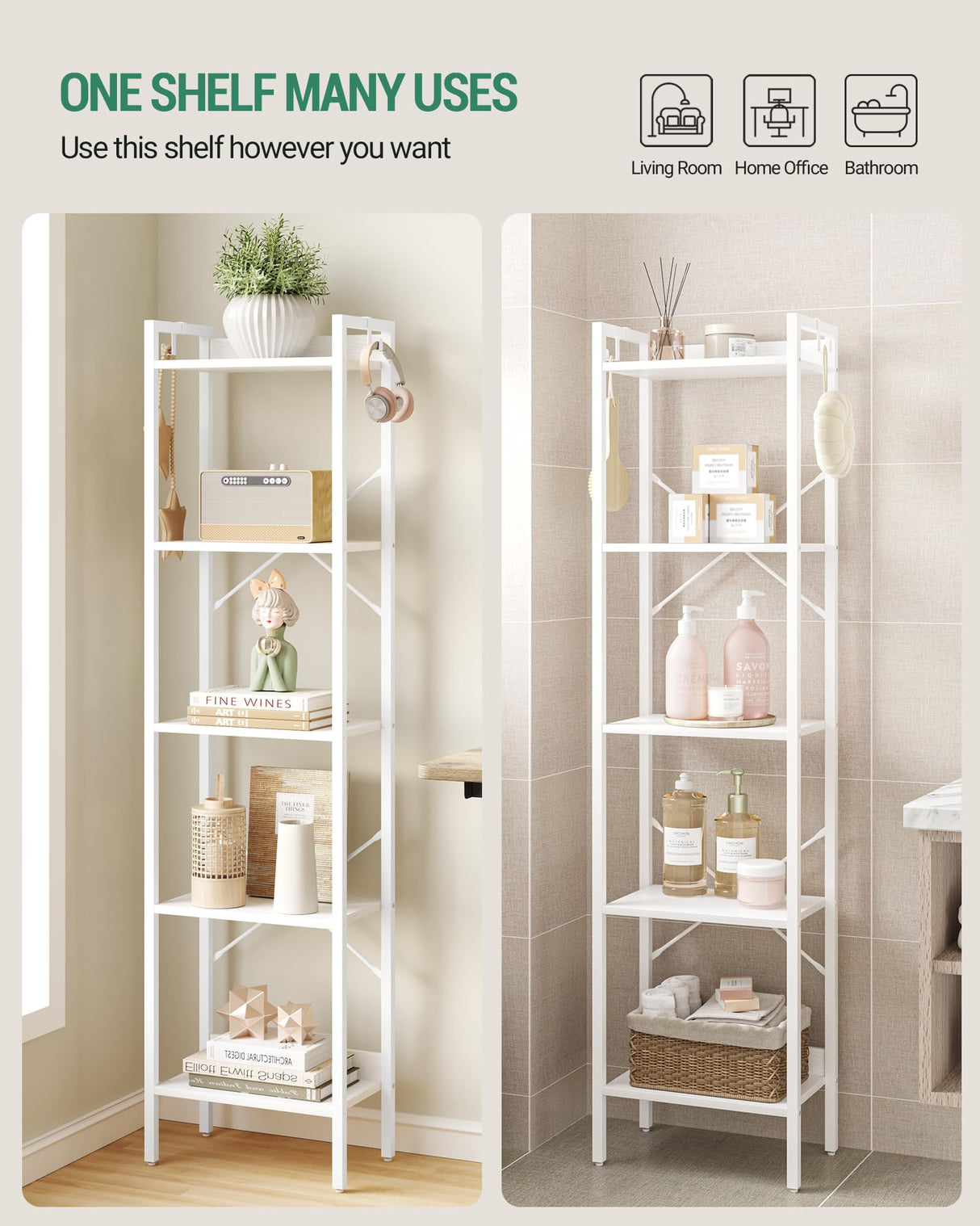 Hzuaneri Bookshelf, Book Shelf, Industrial Bookcase with 2 Hooks, Coner Shelf Storage Organizer for Home Office, Living Room, Bedroom, Kitchen, 5-Tier White BC10513W Hzuaneri