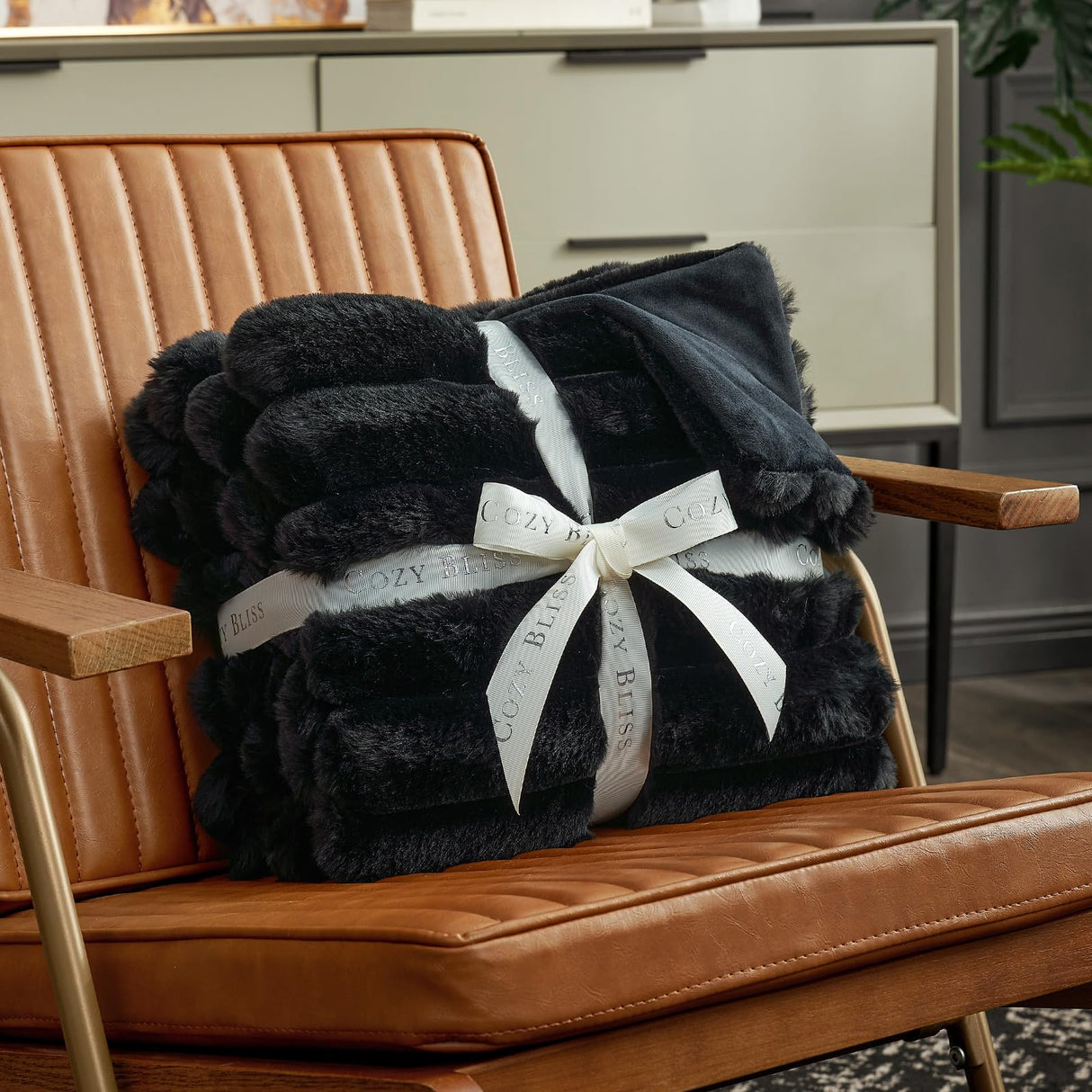 Cozy Bliss Faux Fur Throw Blanket for Couch, Cozy Warm Plush Striped Blanket for Sofa Bedroom Living Room, 50 * 60 Inches Black Cozy Bliss