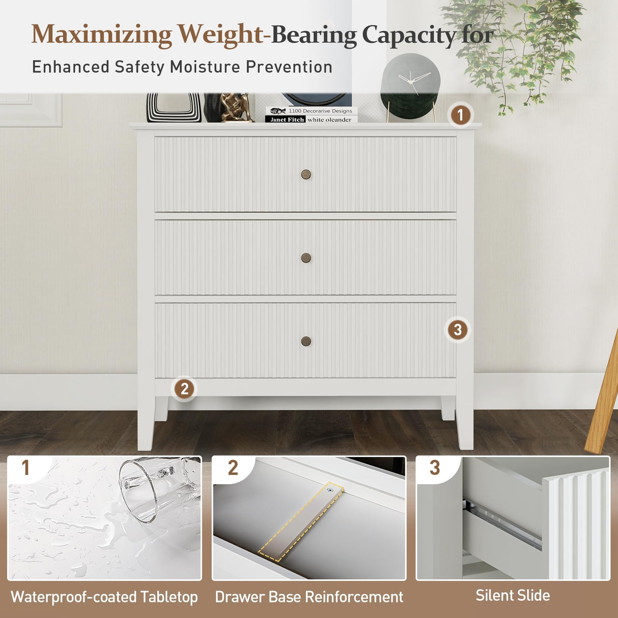 RoyalCraft Large White Fluted 3 Drawer Dresser for Bedroom, Wide Chest of Drawers for Closet, Modern Wood Dresser Wide Nightstand Cabinet for Living Room RoyalCraft