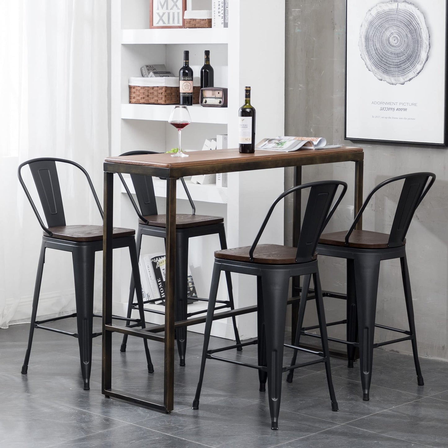 Apeaka 24" Swivel Metal Bar Stools Set of 4 Counter Height Bar Chairs Industrial High Back Barstools with Large Wooden Seat Matte Black - WoodArtSupply