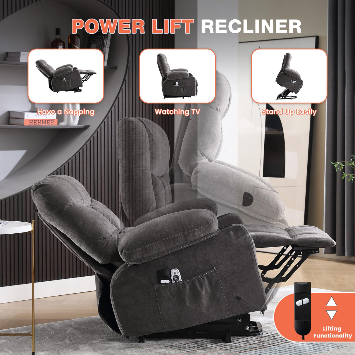 MAHOMICO Power Lift Recliner Chair for Elderly with Vibration Massage and Lumbar Heating, Electric Lift Recliner Single Sofa with Side Pocket, Two Cup Holders and USB Charge Port for Living Room MAHOMICO