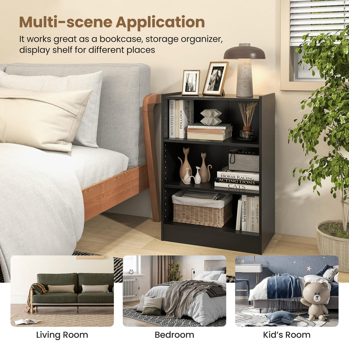 Giantex 3-Cube Bookcase Black - 3-Tier Modern White Open Bookshelf with Adjustable Shelves, Anti-Tipping Device, Small Wood Cube Storage Organizer for Kid’s Room, Living Room, Bedroom Giantex