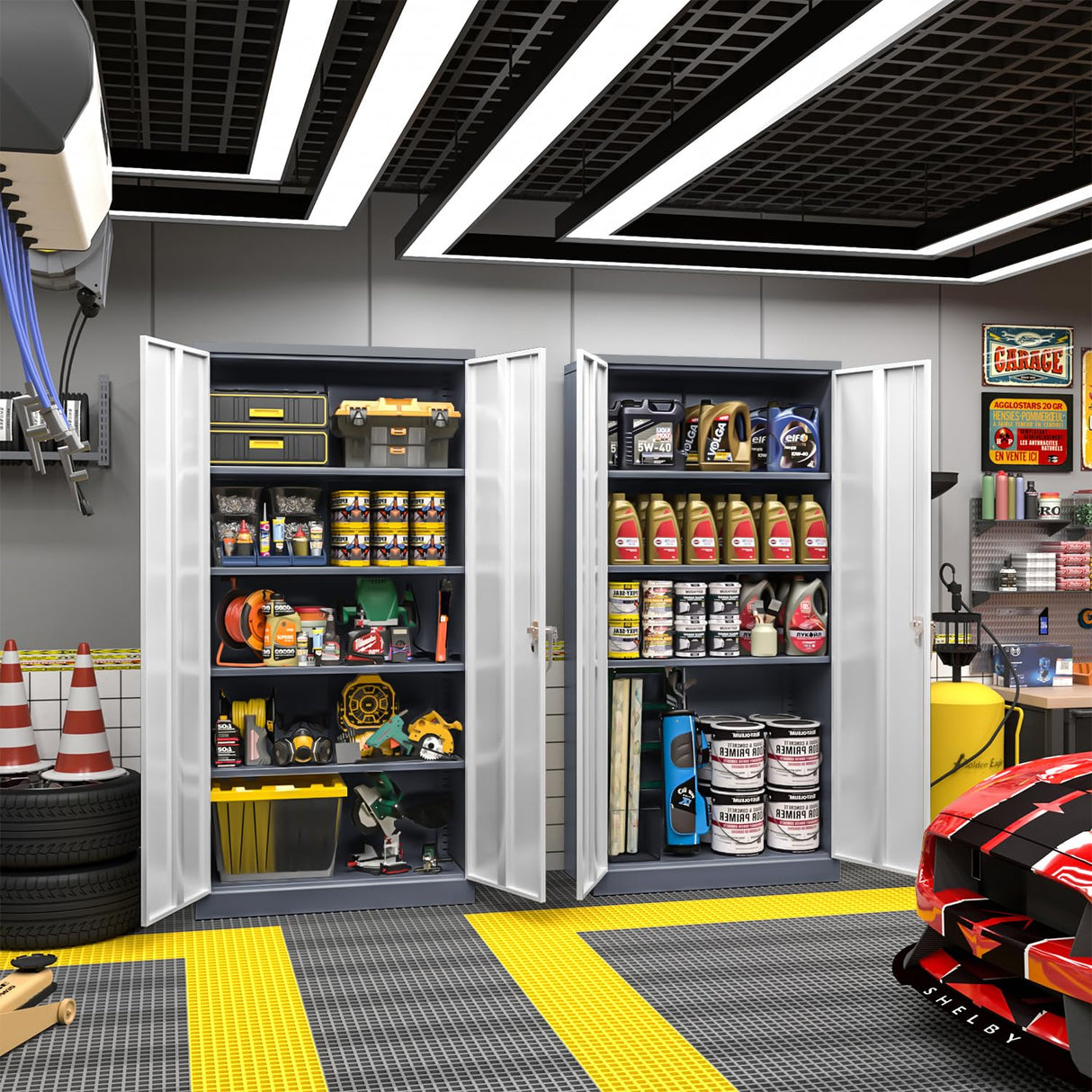 Greenvelly Metal Garage Storage Cabinet, Tall Locking Storage Cabinet with 2 Doors and 4 Adjustable Shelves, Steel Tool Cabinet, Lockable Filling Cabinet for Home, Office, Garage, School (Gray White) Greenvelly