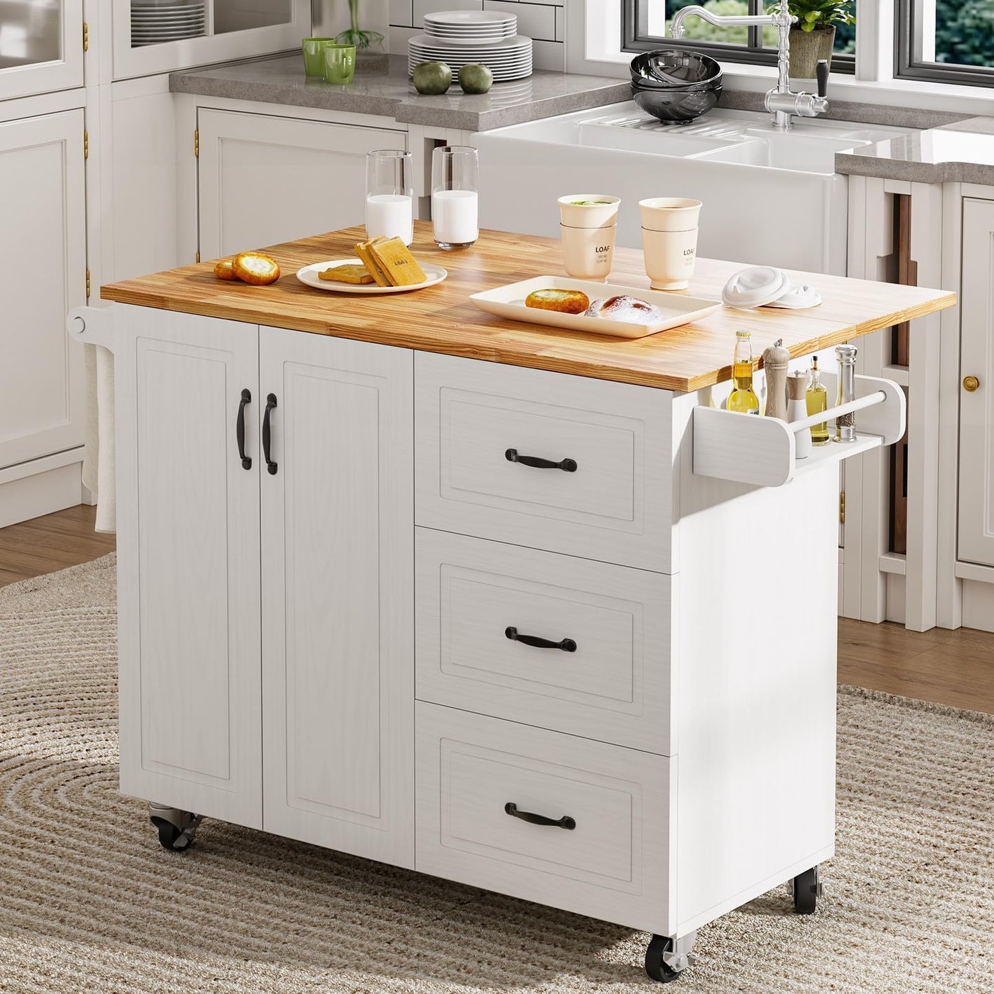 4 EVER WINNER Kitchen Island Cart on Wheels with Storage and Drop Leaf, 43" Rolling Kitchen Cart with Spice Rack & Towel Rack & 3 Drawers, White