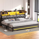 Dnxao King Bed Frame with Upholstered Headboard, Bed Frame King Size with Hidden Storage,3-Tier Storage Shelves, LED Lights and Charging Station, King Bed with Noise-Free, No Box Spring Needed, Gray Dnxao