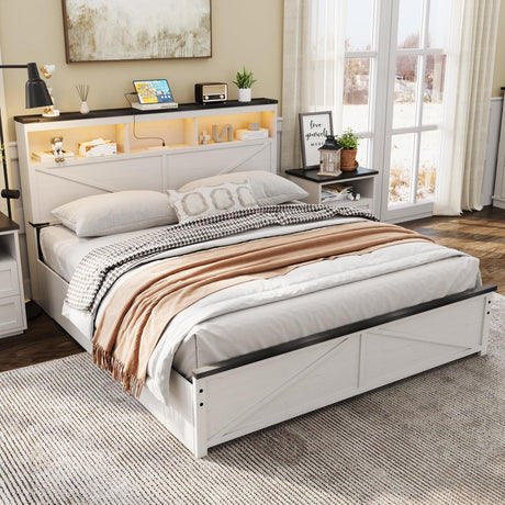 Vabches Farmhouse Queen Size Bed Frame with 48" Tall Storage Headboard, Wood Bedroom Platform Bed Frame No Box Spring Needed, 4 Storage Drawers Underneath, Adjustable LED Lights, Charging Station Vabches