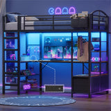 Loft Bed Twin Size with L Shape Desk,4 Drawers,Cloth hanging rack,2-Tier Storage Shelves Metal Loft Bed Frame with Power Outlet and LED Lighted,No Box Spring Needed,Space-Saving,Noise Free (Black) UPOSOJA