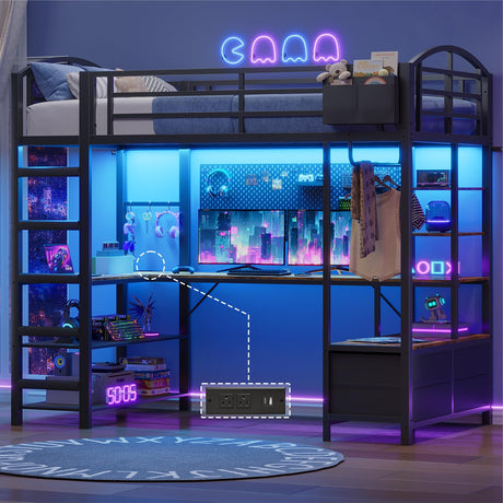 Loft Bed Twin Size with L Shape Desk,4 Drawers,Cloth hanging rack,2-Tier Storage Shelves Metal Loft Bed Frame with Power Outlet and LED Lighted,No Box Spring Needed,Space-Saving,Noise Free (Black) UPOSOJA