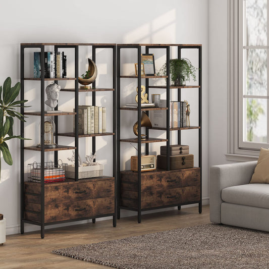 Tribesigns Industrial Tall Bookcase with Drawers - 2-Pack Versatile Open and Hidden Storage Shelves - WoodArtSupply