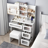 Fameill Vanity Desk with LED Sliding Mirror, Dressing Table with 4 Drawers and Stool Set, RGB Lights, Makeup Vanity 3 Color Lighting Modes Adjustable Brightness, Charging Station, White Fameill
