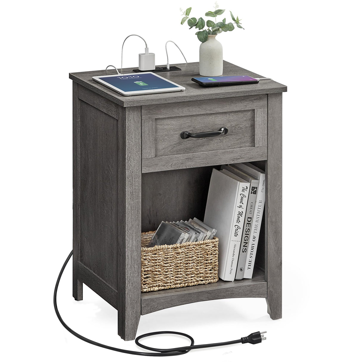 VASAGLE Farmhouse Nightstand with Charging Station, Bedside Table with Drawer, Open Compartment, Side Table with Storage, for Bedroom, Misty Gray ULET659G68 VASAGLE
