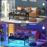 Aheaplus Black Lift-Top Coffee Table with LED Light, Power Outlets and Storage Shelf, 41.7"W x 19.69"L x 19.7"H Aheaplus