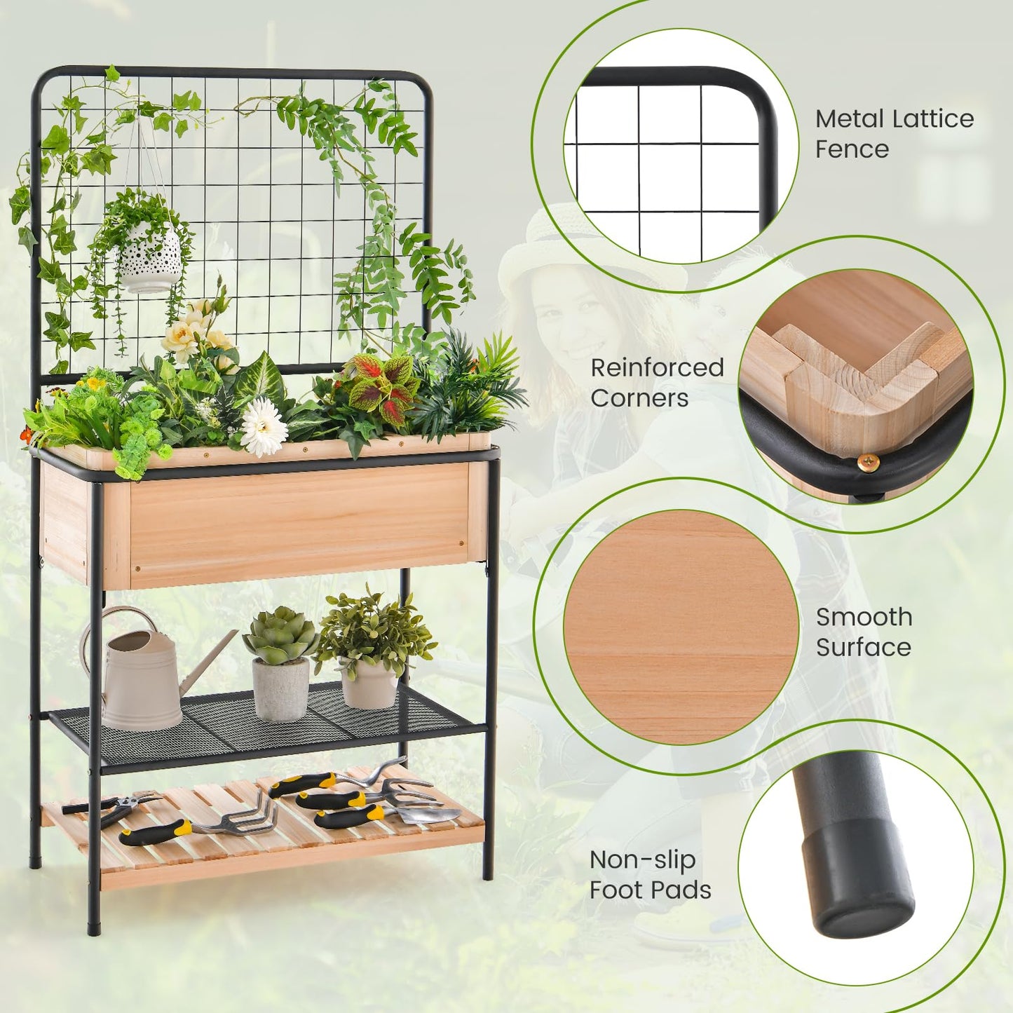 HAPPYGRILL Outdoor Raised Garden Bed, 59” Wooden Elevated Planter Box w/Open Storage Shelves, Removable Grid Divider, Drain Holes & Black Liner, Raised Garden Bed w/Legs & Trellis for Vegetables