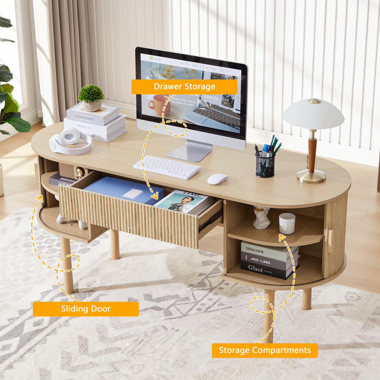 Home Office Oval Desk with Sliding Tambour Door and Drawer, Modern Fluted Wood Executive Computer Storage Desk for Study, Living Room, Bedroom, Office - Natural ORRD