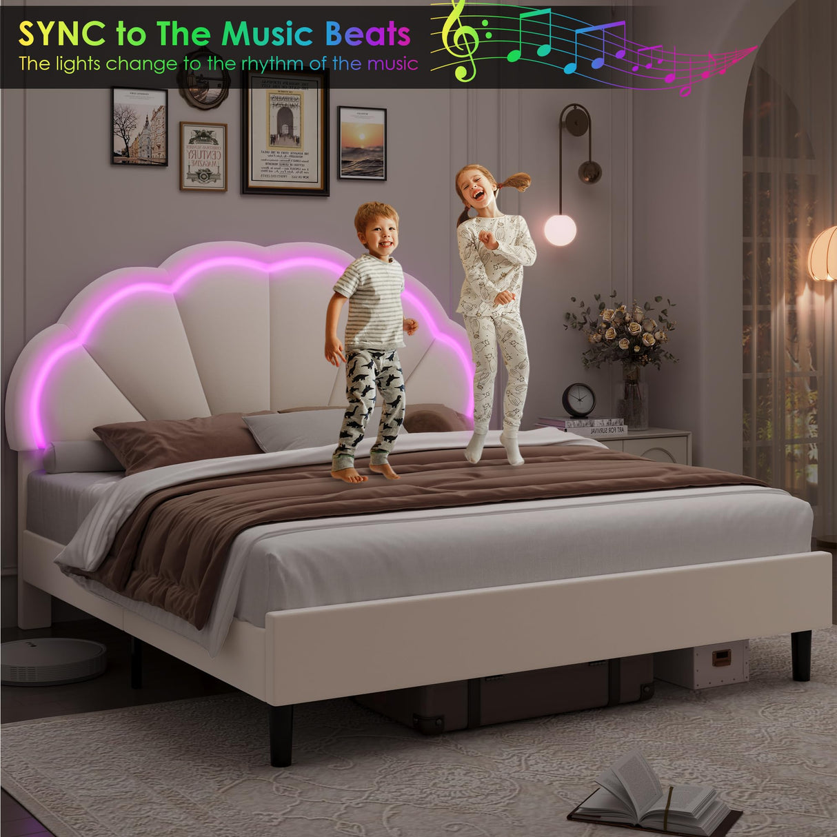 HIFIT King Size Upholstered LED Bed Frame with Adjustable Elegant Flowers Headboard in Beige HIFIT