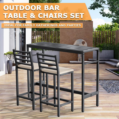 Jinrrenyi Outdoor Patio Bar Set 3 Piece,50" Rectangular Counter Height High Top Bar Tables, 2 Cushioned 41" Bar Stools, Metal Bar Table and Chairs Set for Poolside, Balcony, Backyard, Porch Jinrrenyi