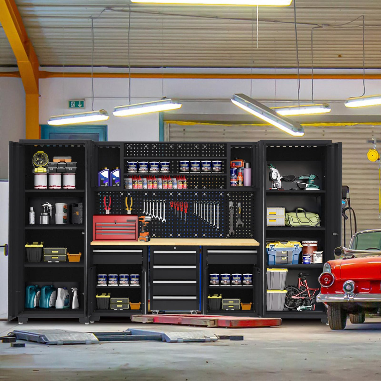 HPDMC Garage Storage Cabinet System - 9-Pc Steel Workshop Set w/Workbench Includes Cabinet Drawers & Pegboard | Gray Tool Organization System for Garage/Workshop HPDMC