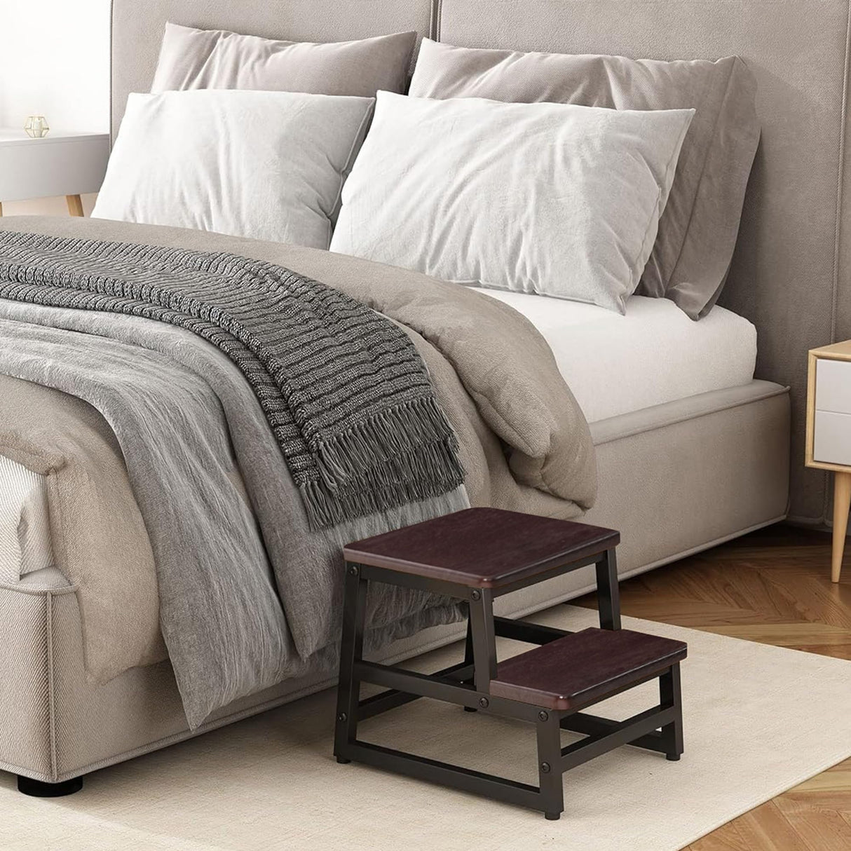 Wooden Step Stool, Bed Steps for High Bed for Adults Kids, Heavy Duty Bed Step Stool for Adults with 500 LB Load Capacity, Wooden 2 Step Stool for Kitchen Bedroom Livingroom Bathroom(Dark Walnut) RORKEE