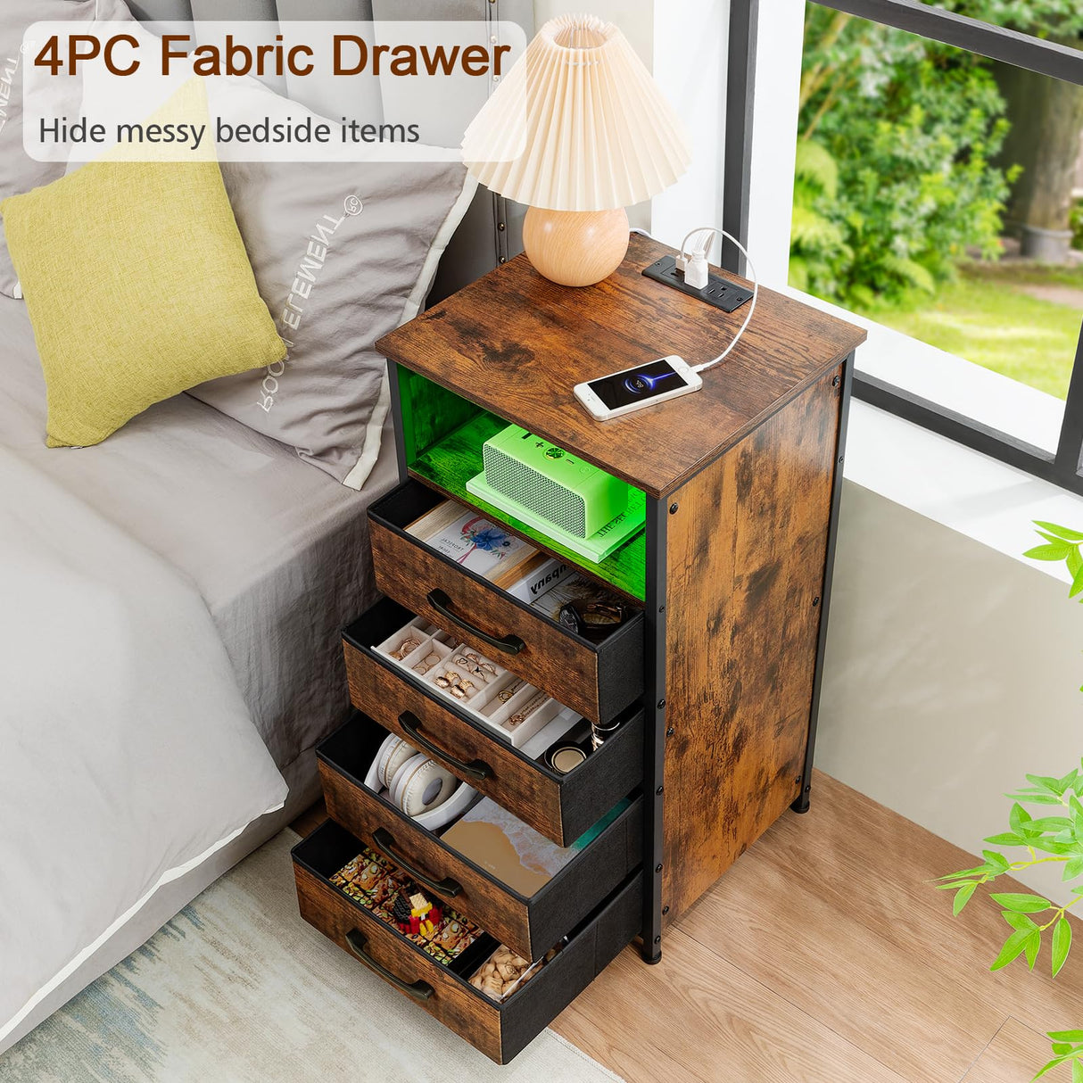 LOAKEKEL Night Stand Set 2, Tall Nightstand with Charging Station, Dresser for Bedroom with 4 Drawers, LED End Tables with USB Ports and Outlets, Rustic Brown, HNS034PBR LOAKEKEL