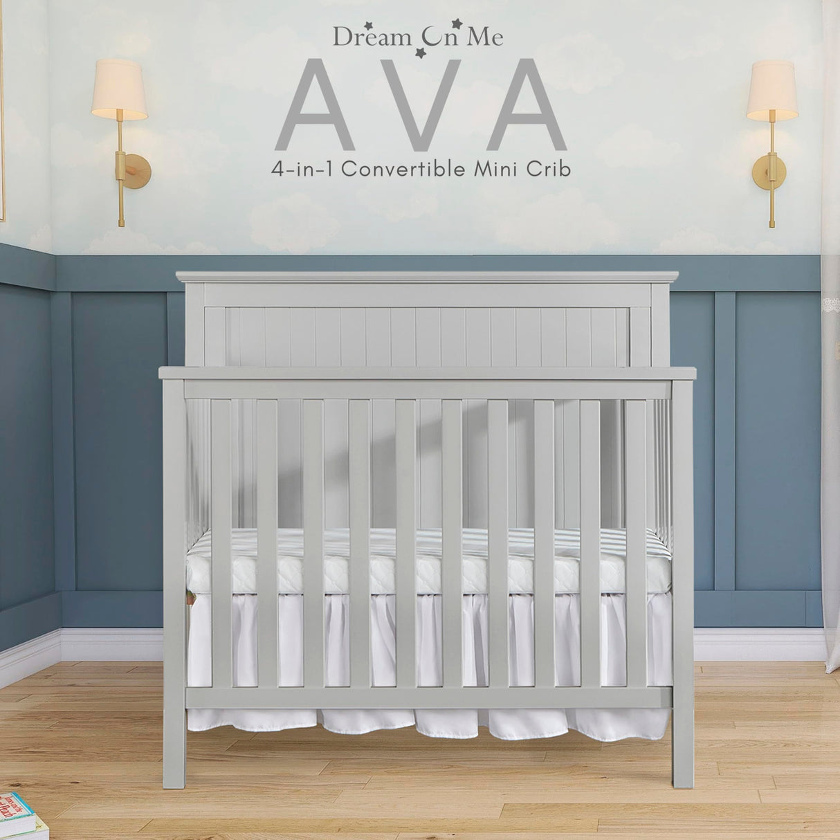 Dream On Me Ava 4-in-1 Convertible Mini Crib in Pebble Grey, 635-PG, Greenguard Gold Certified, Non-Toxic Finish, Comes with 1" Mattress Pad, with 3 Mattress Height Settings Dream On Me