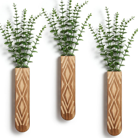 WEWEOW Wall Planter, Geometric Pattern Wall Vase for Living Room and Farmhouse Wall Decor, 3 Pack Hanging Planter for Holding Dried Flowers and Faux Greenery, Modern Wood Planter