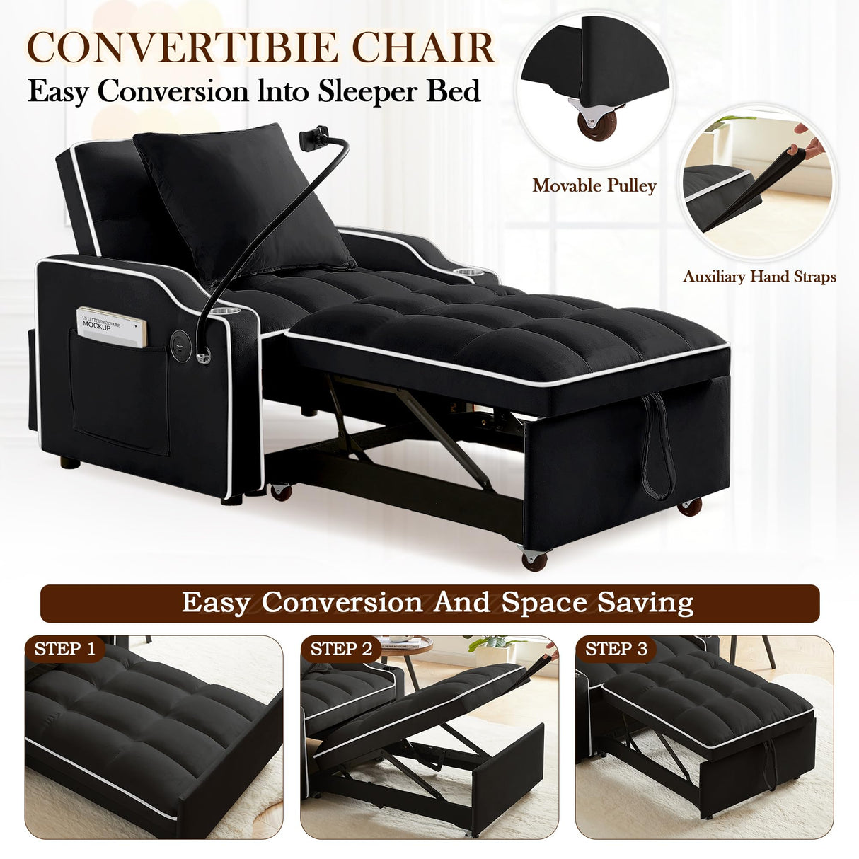 SLEERWAY 3-in-1 Convertible Futon Sofa Bed Chair, Multi-Functional Sleeper Chair Bed with Pull Out Couch and Adjustable Backrest, Modern Velvet Chaise Lounge Armchair for Living Room Bedroom, Black SLEERWAY