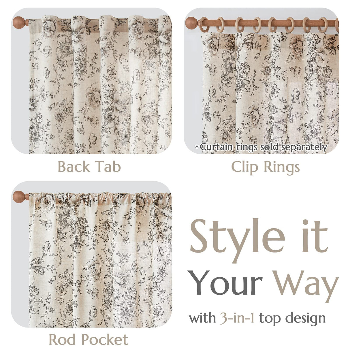 jinchan Linen Blend Curtains Floral Curtains for Living Room 108 Inch Length Black Printed Curtains Rod Pocket Back Tab Farmhouse Peony Flower Patterned Drapes Bedroom Window Curtain Set 2 Panels jinchan