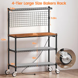 Leteuke Bakers Rack with Power Outlet & Storage, 36 Inch Microwave Stand Kitchen Cart, 4-Tier Metal Kitchen Shelves Cart with Wheels & 20 S-Hooks for Kitchen, NSF Certified, 63 x 18 x 36 Inch-Black Leteuke