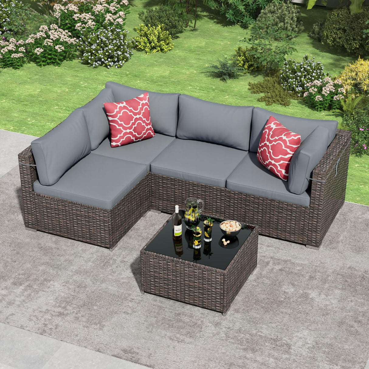 Tradare 5 Pieces Outdoor Patio Furniture Set, Wicker Patio Conversation Sectional Sofa Set, All Weather PE Rattan Sofa with Glass Table and Grey Cushions Tradare