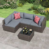 Tradare 5 Pieces Outdoor Patio Furniture Set, Wicker Patio Conversation Sectional Sofa Set, All Weather PE Rattan Sofa with Glass Table and Grey Cushions Tradare