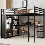 Queen Loft Bed with Desk and Storage Shelves, Loft Bed Queen Size, Queen Loft Bed with Wardrobe and Hanging Rod, Metal Loft Bed with Guardrail and Ladder, Queen Loft Bed for Adults Teens(Queen Balck) Bellemave