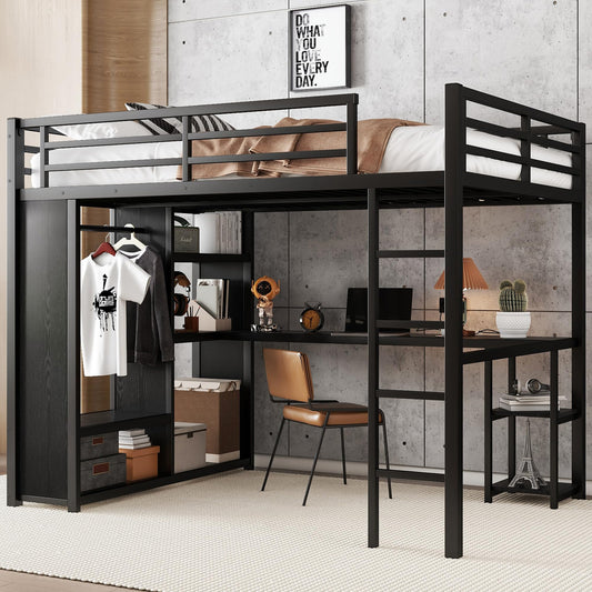 Queen Loft Bed with Desk and Storage Shelves, Loft Bed Queen Size, Queen Loft Bed with Wardrobe and Hanging Rod, Metal Loft Bed with Guardrail and Ladder, Queen Loft Bed for Adults Teens(Queen Balck)