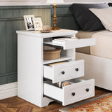 LIKIMIO Night Stand, Modern Bedside Table with 3 Drawers, Open Shelf, End Table with Pull-Out Tray, Wood SideTable, White LIKIMIO