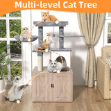 HavenlyYouth Litter Box Enclosure with Cat Tree,Cat Tree with Litter Box Enclosure,Hidden Pet Washroom Furniture with Sisal Scratching Post,Hammocks,Condo,Multiple Platform,Soft Plush Perch, Grey HavenlyYouth