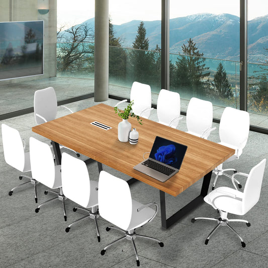 ahliss Sturdy Conference Table with Cable Management Grommets Modern Rectangle Office Meeting Table with Wood Tabletop and Metal Frame & Legs- Easy Assembly Boardroom Table (Natural, 8 foot)