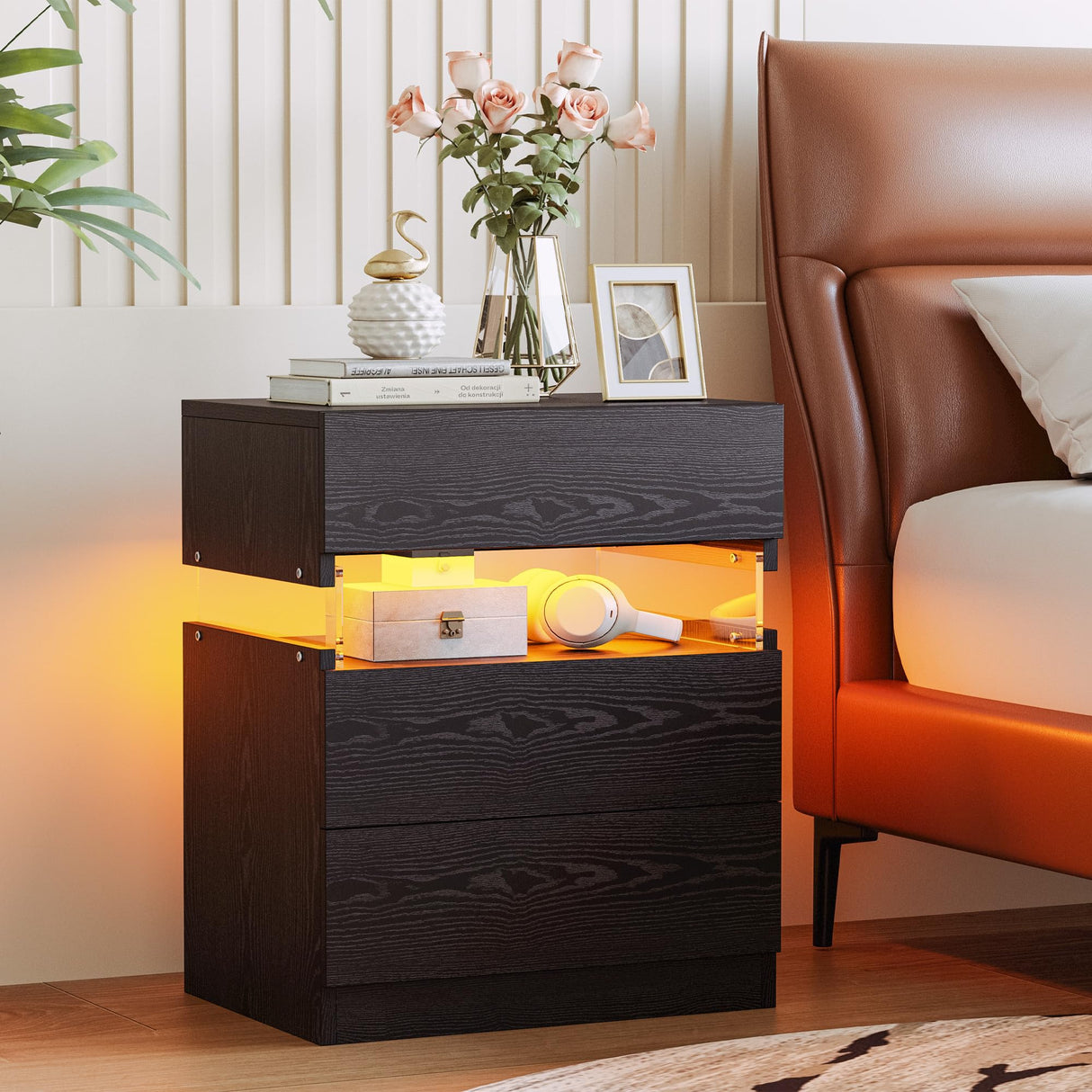 IRONCK Night Stand, LED Nightstand with 3 Drawers, Modern Bedside Table with Storage, End Table for Bedroom, Black IRONCK