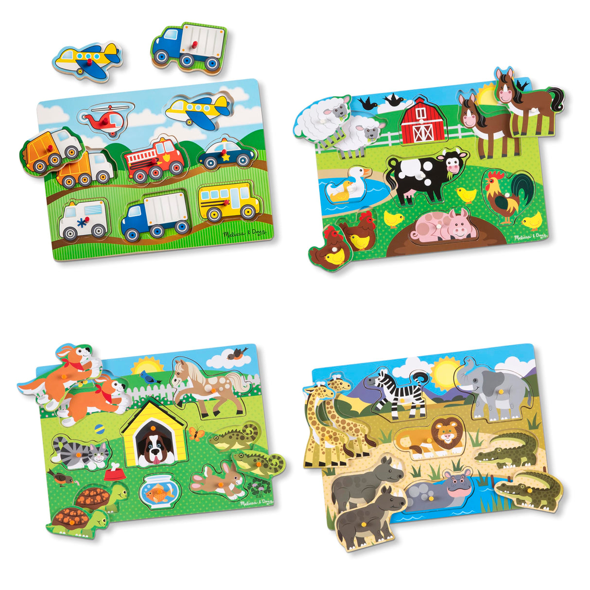 Melissa & Doug Wooden Peg Puzzle 4-Pack for Toddler and Preschool Boys and Girls – Vehicles, Farm, Safari, Pets Melissa & Doug