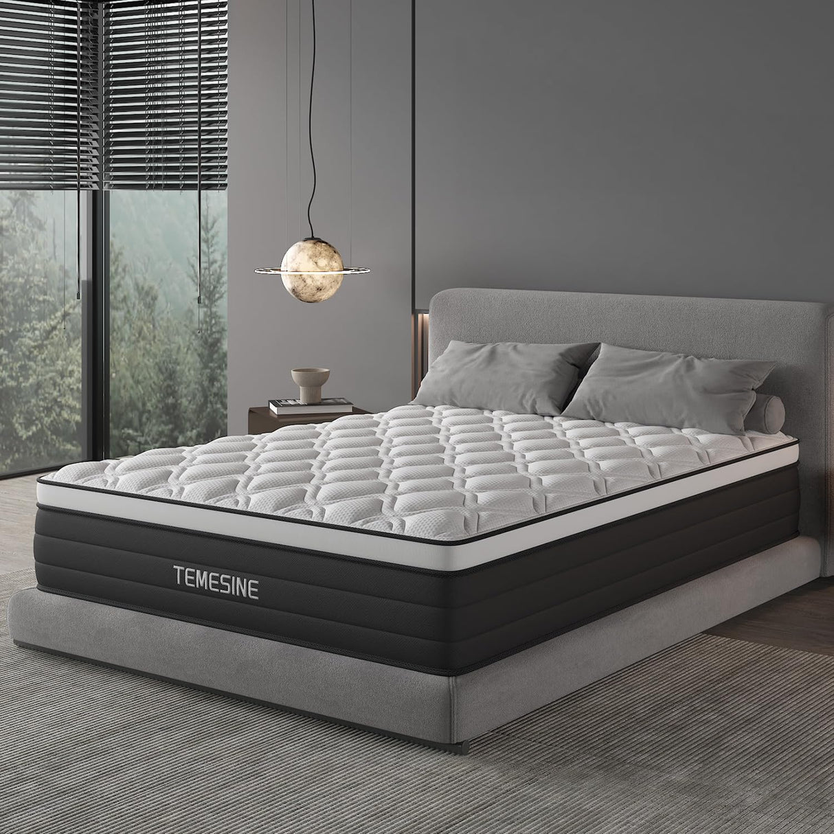 Queen Mattress, 14 Inch Hybrid Mattress in a Box with Individual Pocket Spring, Gel Memory Foam and Euro Top, Medium Firm Feel with Motion Isolation, Pressure Relief, Edge Support,Queen Size Black TEMESINE