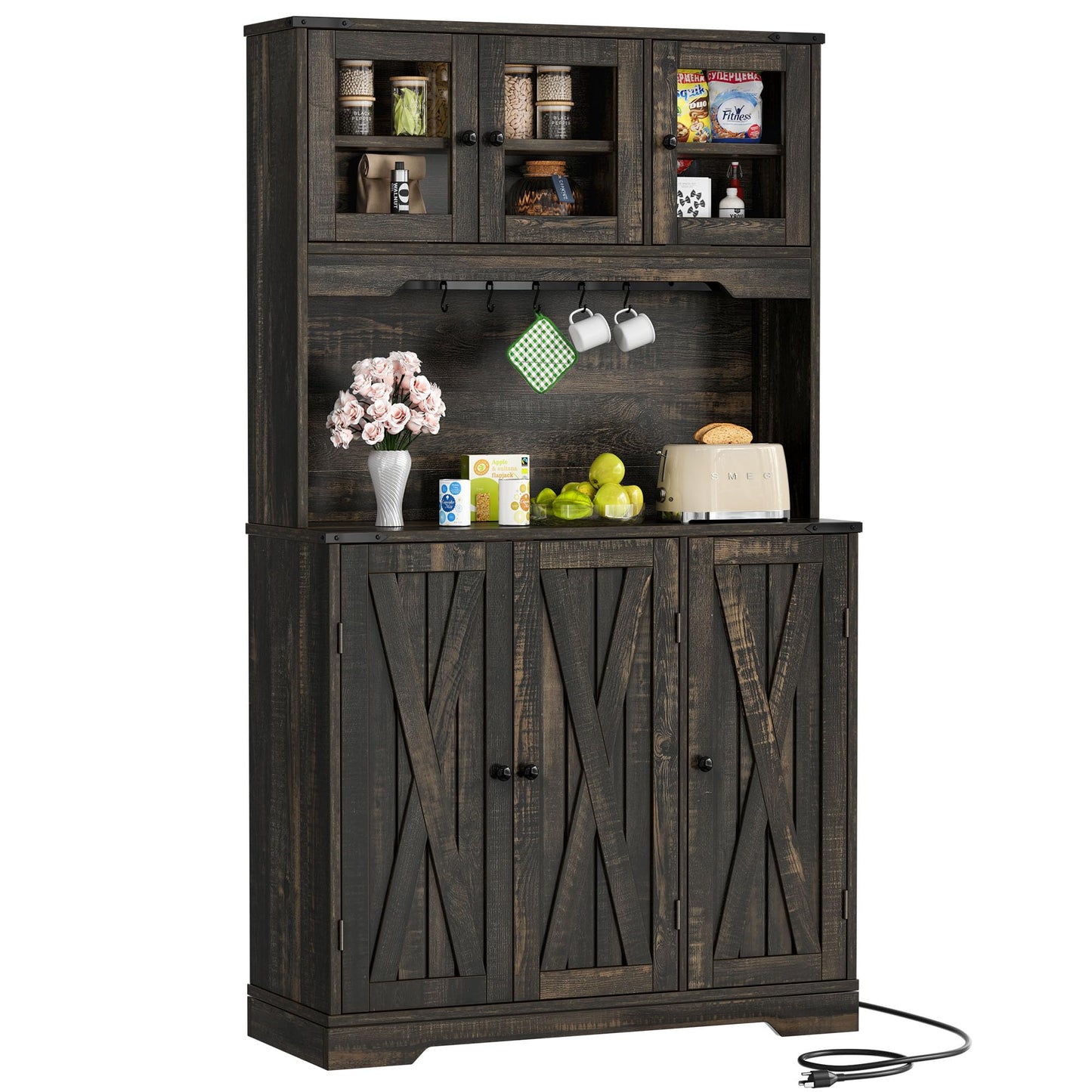 DWVO 71" Tall Kitchen Pantry Storage Cabinet with Charging Station, Kitchen Hutch Cabinet with Storage Drawers, Farmhouse Freestanding Cupboard Cabinet for Dining Room,Dark Rustic Oak