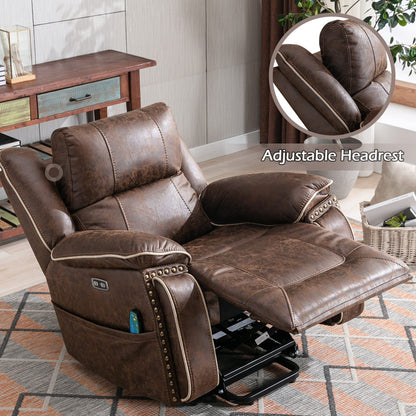 CANMOV Dual Motor Large Power Lift Recliner Chairs with Massage and Heat for Elderly Big People, Electric Faux Leather Recliner with Adjustable Headrest, 2 Concealed Cup Holders, USB Ports, Nut Brown