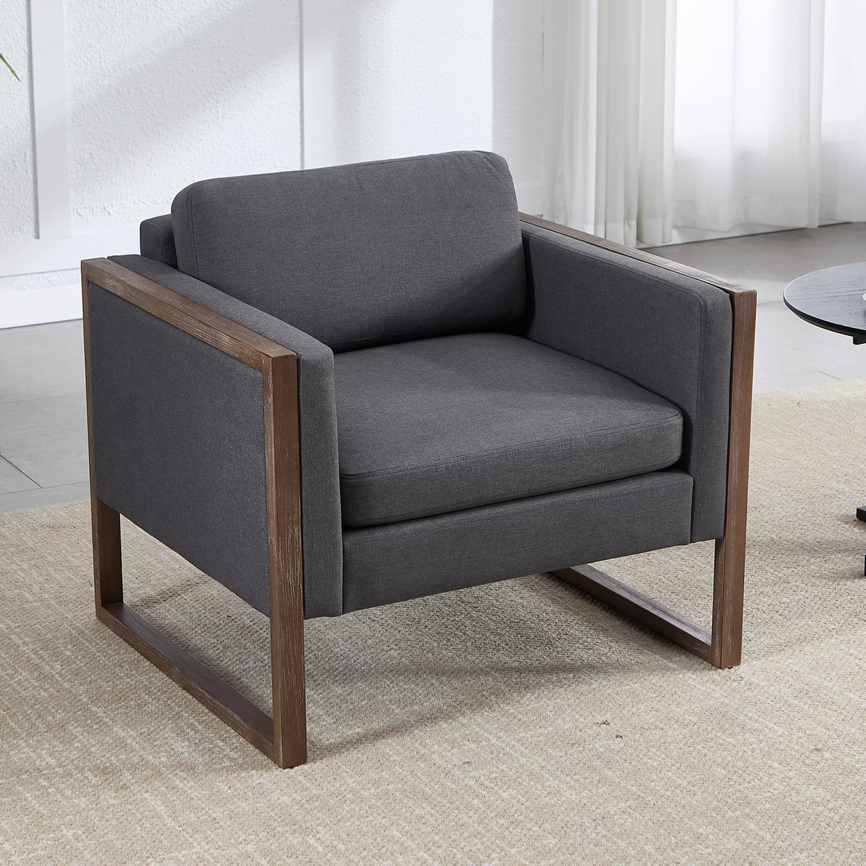 Kmax Modern Accent Chairs Set of 2, Charcoal Fabric Upholstered Club Chair, Comfy Arm Reception Chairs Living Room Chair for Hotel Conference, Walnut Wood Kmax