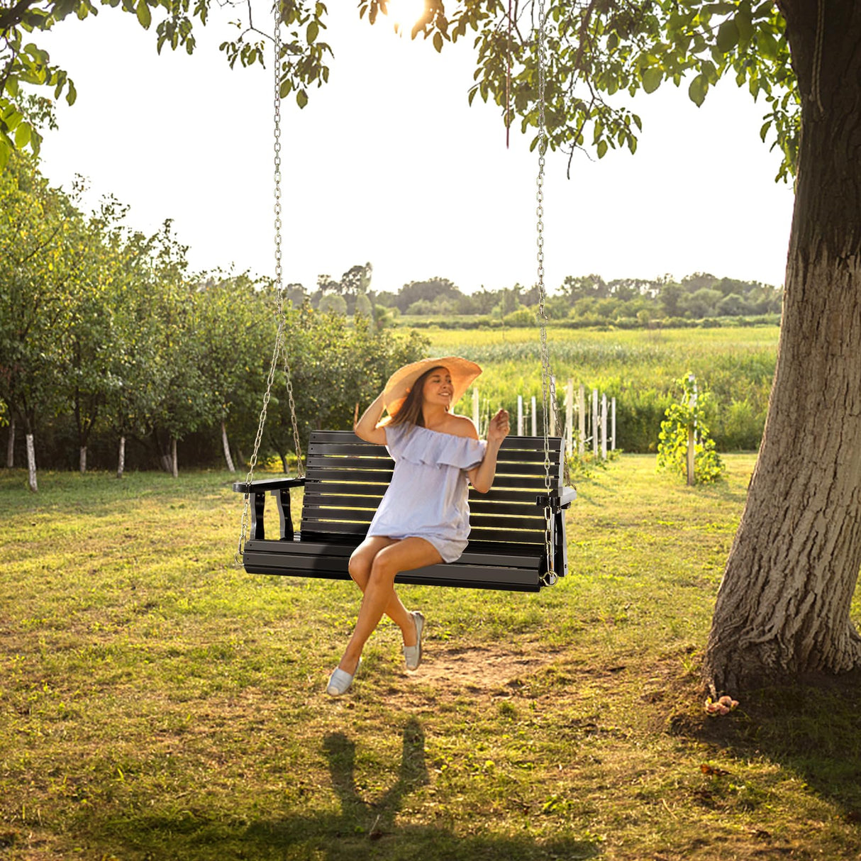 VINGLI Upgraded Patio Wooden Porch Swing for Courtyard & Garden, Heavy Duty 880 LBS Swing Chair Bench with Hanging Chains for Outdoors (Black, 4 FT) VINGLI