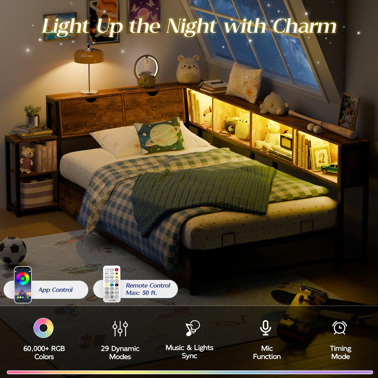 MU Twin Corner Bed Frame with Storage Bookcase and Headboard, Metal Daybed with LED Lights, Charging Station, Shelves and Drawers for Living Room, Bedroom & Guest Room, Rusic Brown MU